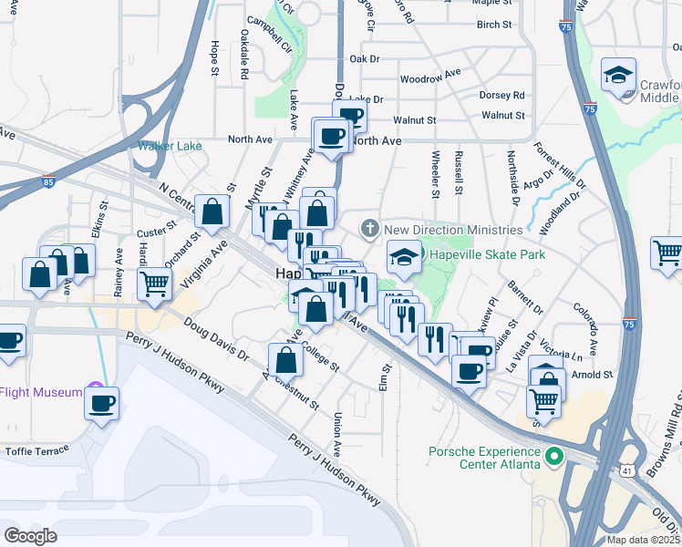map of restaurants, bars, coffee shops, grocery stores, and more near in Hapeville