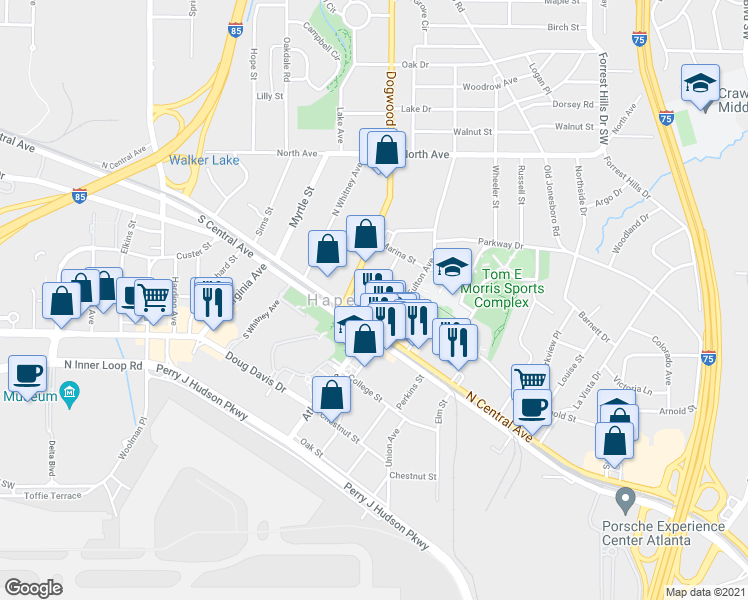 map of restaurants, bars, coffee shops, grocery stores, and more near 614 King Arnold Street in Atlanta