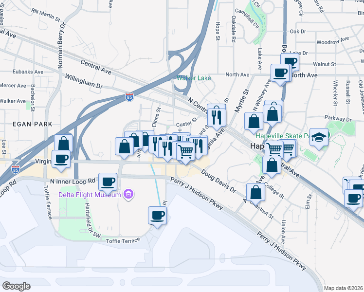 map of restaurants, bars, coffee shops, grocery stores, and more near 3450 Harding Avenue in Atlanta