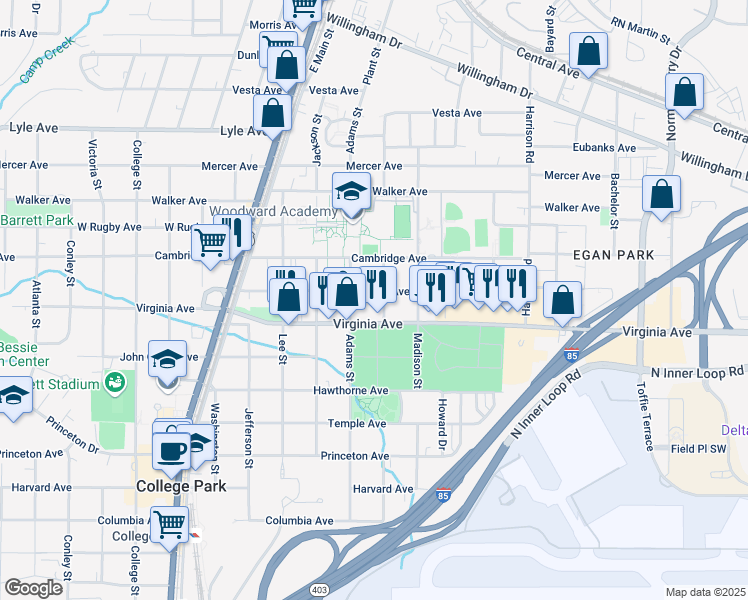 map of restaurants, bars, coffee shops, grocery stores, and more near 1594 Hardin Avenue in College Park