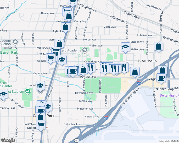 map of restaurants, bars, coffee shops, grocery stores, and more near 1594 Hardin Avenue in College Park