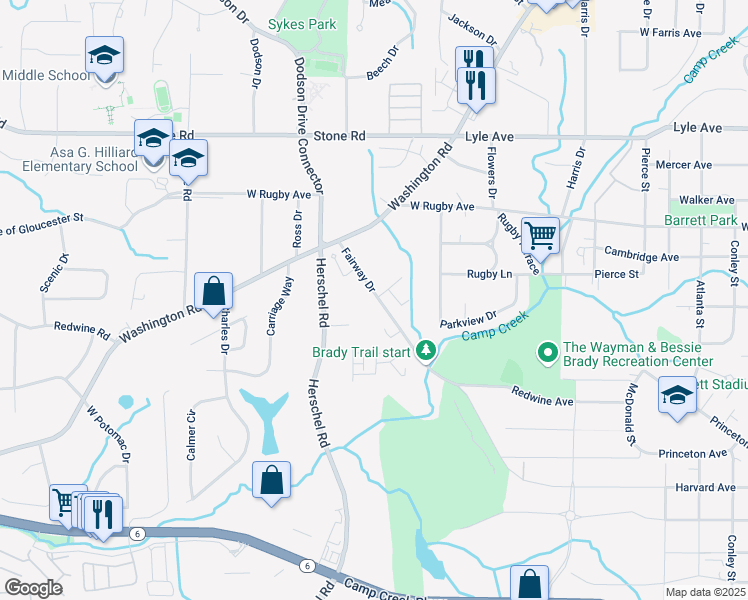 map of restaurants, bars, coffee shops, grocery stores, and more near 3515 Fairway Drive in College Park