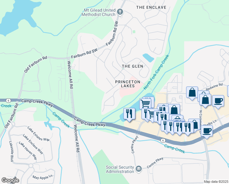 map of restaurants, bars, coffee shops, grocery stores, and more near 3881 Princeton Lakes Way in Atlanta