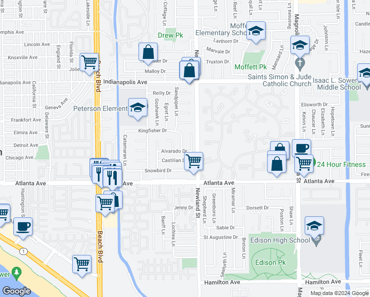 map of restaurants, bars, coffee shops, grocery stores, and more near 20802 Alicante Lane in Huntington Beach