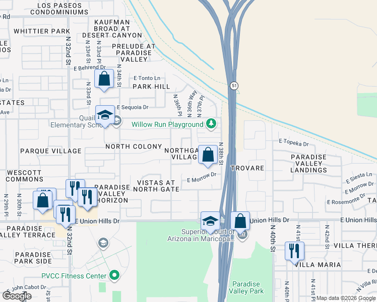 map of restaurants, bars, coffee shops, grocery stores, and more near 19032 North 36th Way in Phoenix