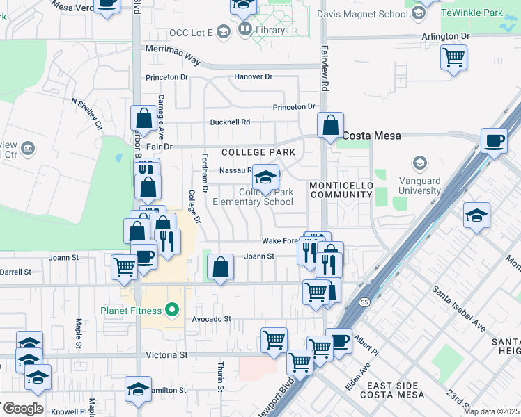 map of restaurants, bars, coffee shops, grocery stores, and more near 2356 Colgate Drive in Costa Mesa