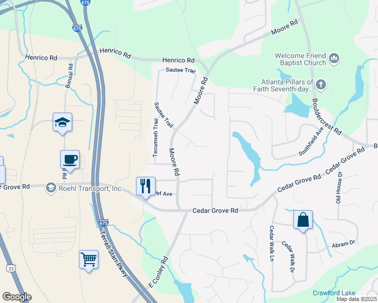 map of restaurants, bars, coffee shops, grocery stores, and more near 4141 Sautee Trail in Conley