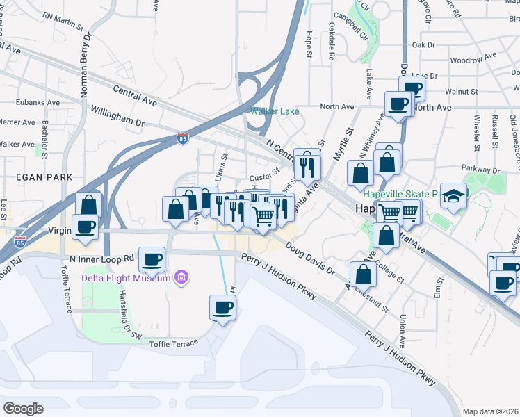 map of restaurants, bars, coffee shops, grocery stores, and more near 3450 Harding Avenue in Atlanta