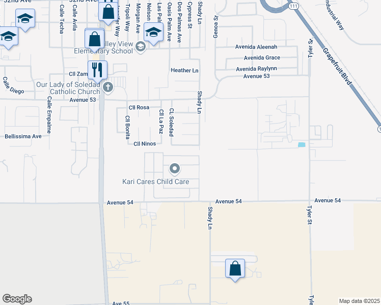 map of restaurants, bars, coffee shops, grocery stores, and more near 85222 Avenida Del Prado in Coachella