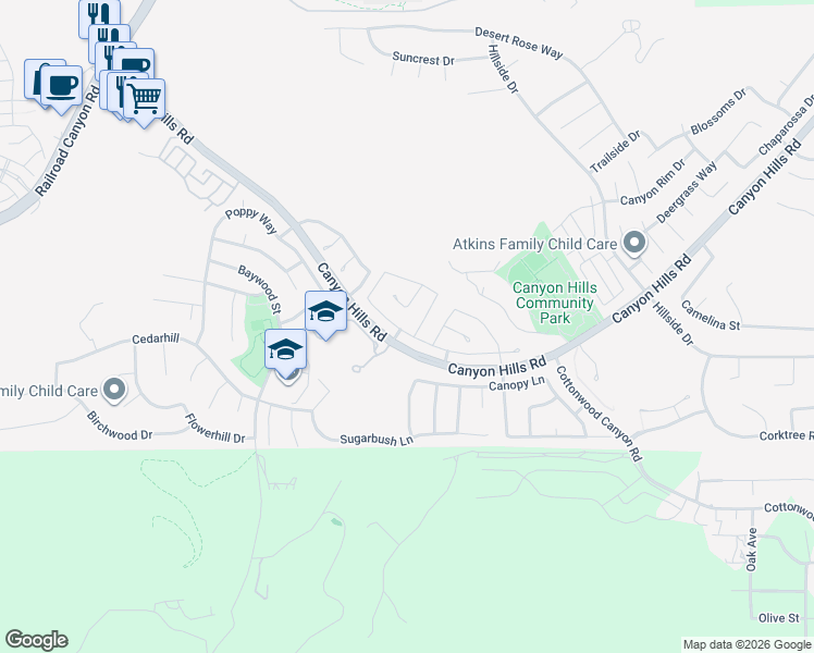 map of restaurants, bars, coffee shops, grocery stores, and more near 33516 Cedar Creek Lane in Lake Elsinore