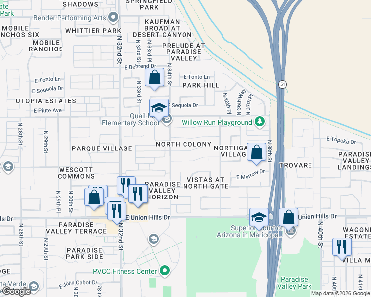 map of restaurants, bars, coffee shops, grocery stores, and more near 3432 East Clark Road in Phoenix