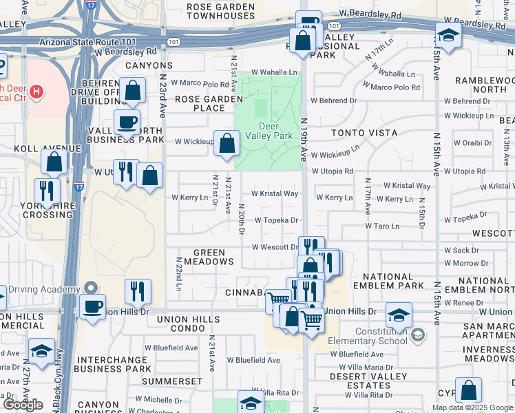 map of restaurants, bars, coffee shops, grocery stores, and more near 19210 North 20th Avenue in Phoenix