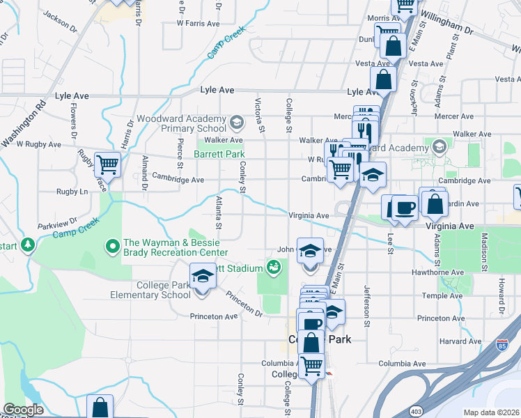 map of restaurants, bars, coffee shops, grocery stores, and more near 1955 Virginia Avenue in College Park