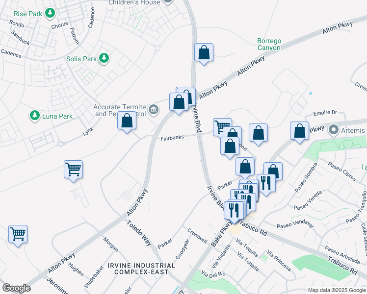 map of restaurants, bars, coffee shops, grocery stores, and more near 9740 Irvine Boulevard in Irvine
