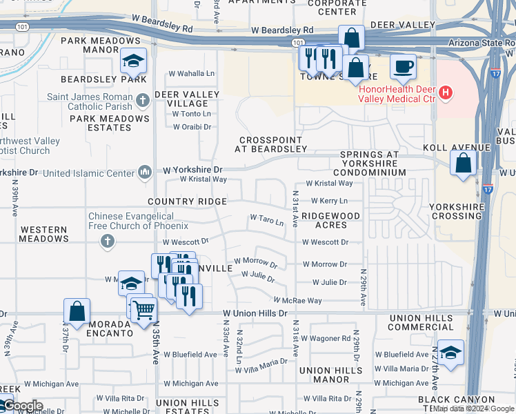 map of restaurants, bars, coffee shops, grocery stores, and more near 3149 West Topeka Drive in Phoenix