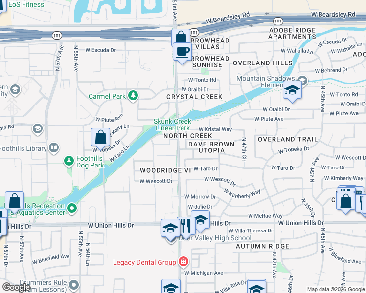 map of restaurants, bars, coffee shops, grocery stores, and more near 19202 North 50th Lane in Glendale