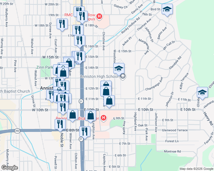 map of restaurants, bars, coffee shops, grocery stores, and more near 1200 Woodstock Avenue in Anniston