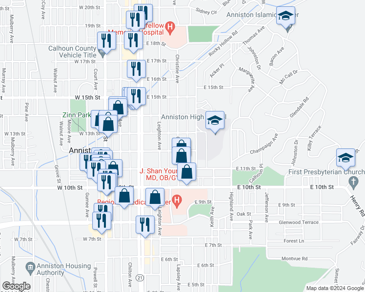 map of restaurants, bars, coffee shops, grocery stores, and more near 1205 Christine Avenue in Anniston