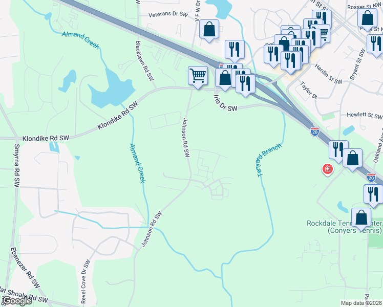map of restaurants, bars, coffee shops, grocery stores, and more near 1180-1182 Johnson Road Southwest in Conyers