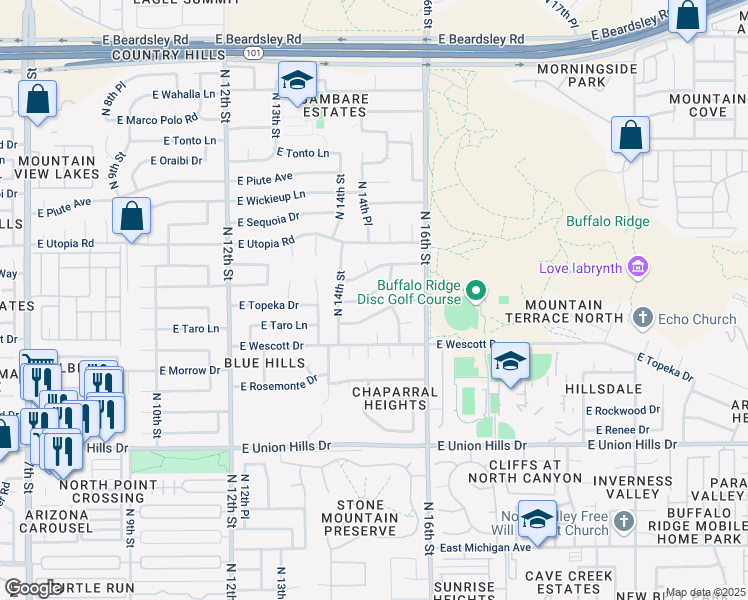 map of restaurants, bars, coffee shops, grocery stores, and more near 1417 East Kerry Lane in Phoenix