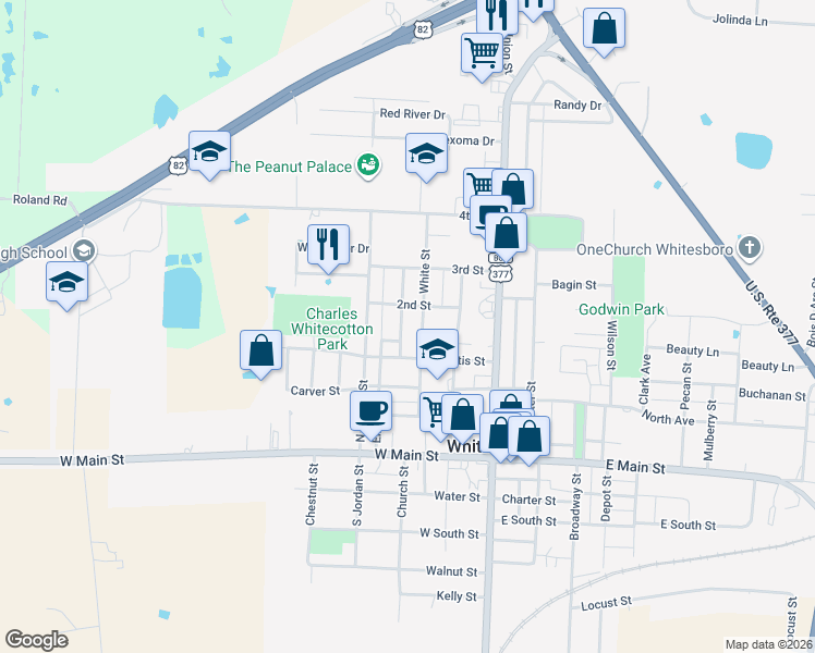 map of restaurants, bars, coffee shops, grocery stores, and more near 100 D Street in Whitesboro