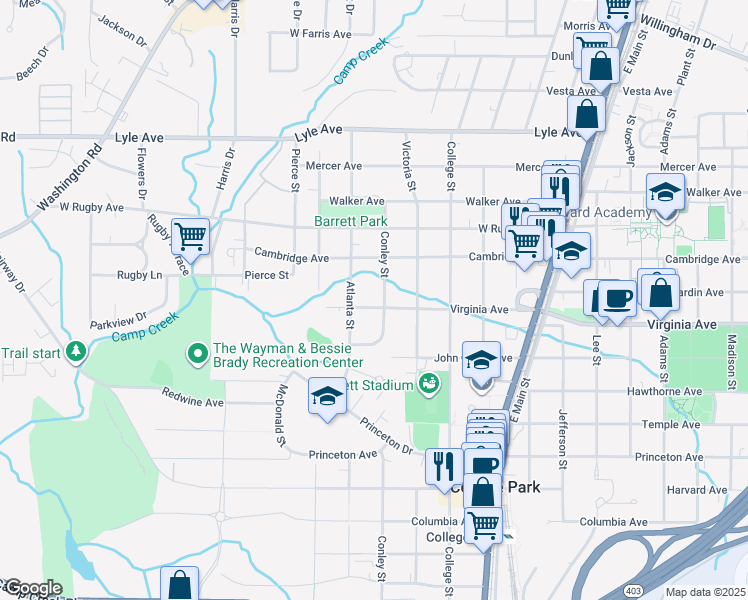 map of restaurants, bars, coffee shops, grocery stores, and more near 2005 Virginia Avenue in College Park