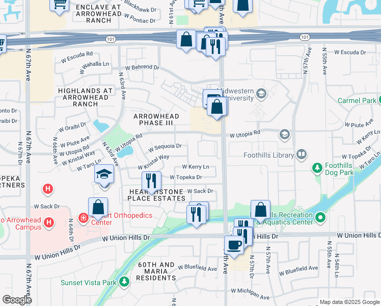 map of restaurants, bars, coffee shops, grocery stores, and more near 19309 North 60th Avenue in Glendale