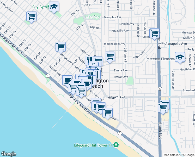 map of restaurants, bars, coffee shops, grocery stores, and more near 414 Main Street in Huntington Beach