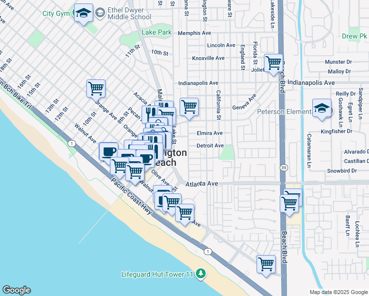 map of restaurants, bars, coffee shops, grocery stores, and more near 311 Alabama Street in Huntington Beach