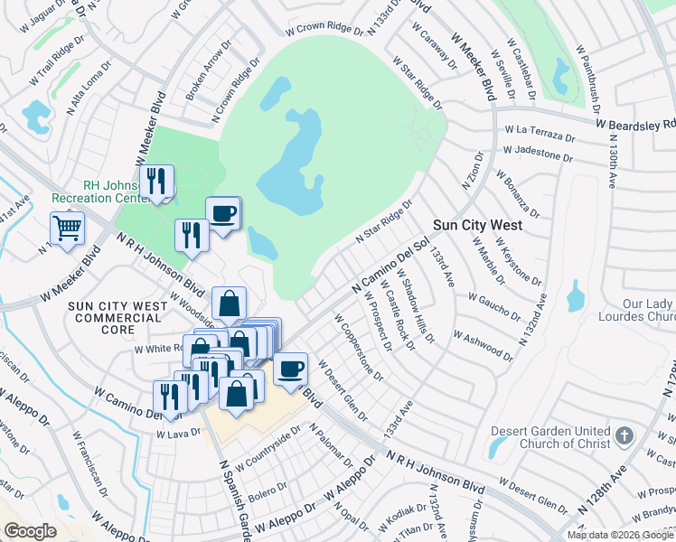 map of restaurants, bars, coffee shops, grocery stores, and more near 19229 North Star Ridge Drive in Sun City West