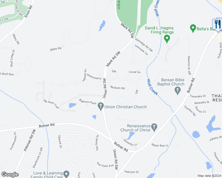map of restaurants, bars, coffee shops, grocery stores, and more near 3395 Wickum Road in Atlanta