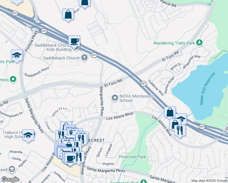 map of restaurants, bars, coffee shops, grocery stores, and more near 415 Besalu Terrace in Mission Viejo