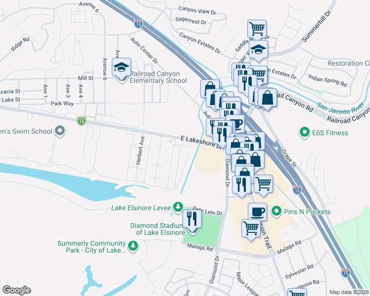 map of restaurants, bars, coffee shops, grocery stores, and more near 2088 East Lakeshore Drive in Lake Elsinore