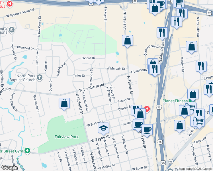 map of restaurants, bars, coffee shops, grocery stores, and more near 2504 North Hickory Street in Sherman