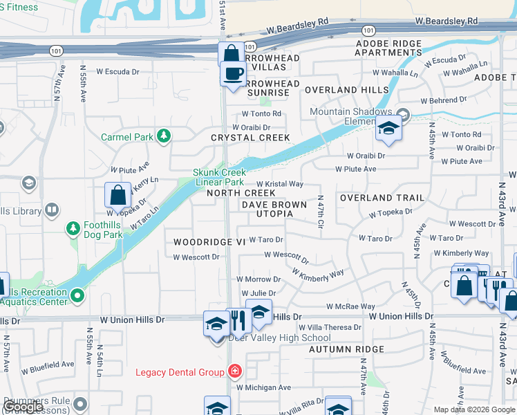 map of restaurants, bars, coffee shops, grocery stores, and more near 5010 West Topeka Drive in Glendale