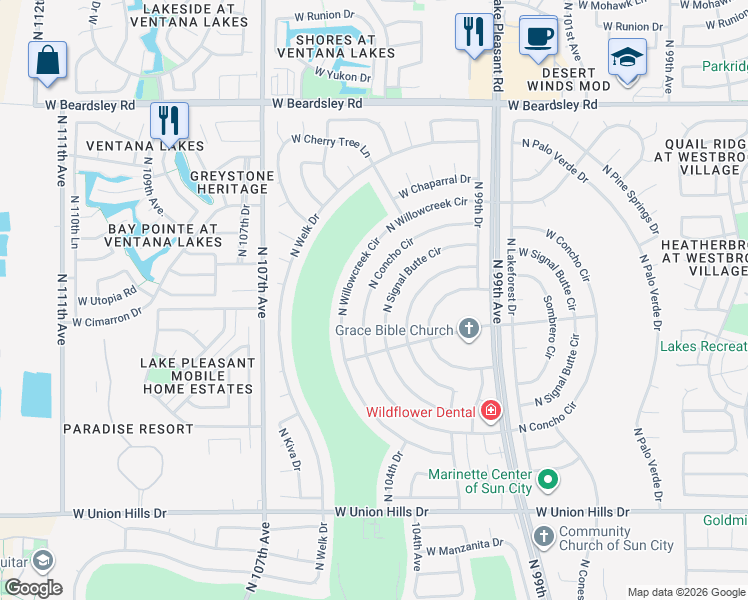 map of restaurants, bars, coffee shops, grocery stores, and more near 19445 North Concho Circle in Sun City