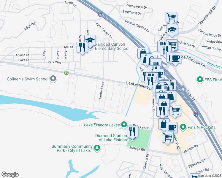 map of restaurants, bars, coffee shops, grocery stores, and more near Unnamed Road in Lake Elsinore