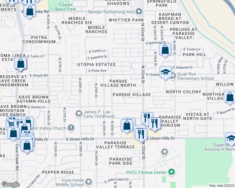 map of restaurants, bars, coffee shops, grocery stores, and more near 3015 East Jeanette Court in Phoenix