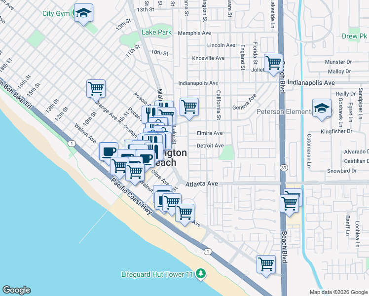 map of restaurants, bars, coffee shops, grocery stores, and more near 311 Alabama Street in Huntington Beach