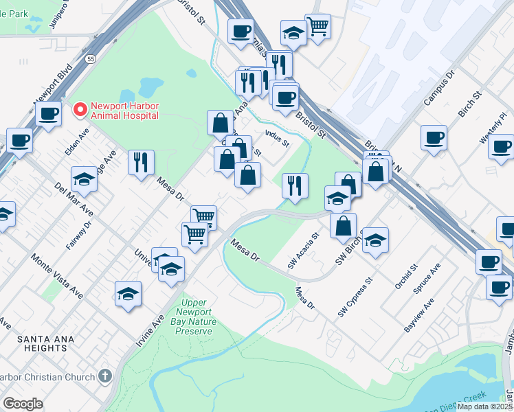 map of restaurants, bars, coffee shops, grocery stores, and more near 20371 Irvine Avenue in Newport Beach