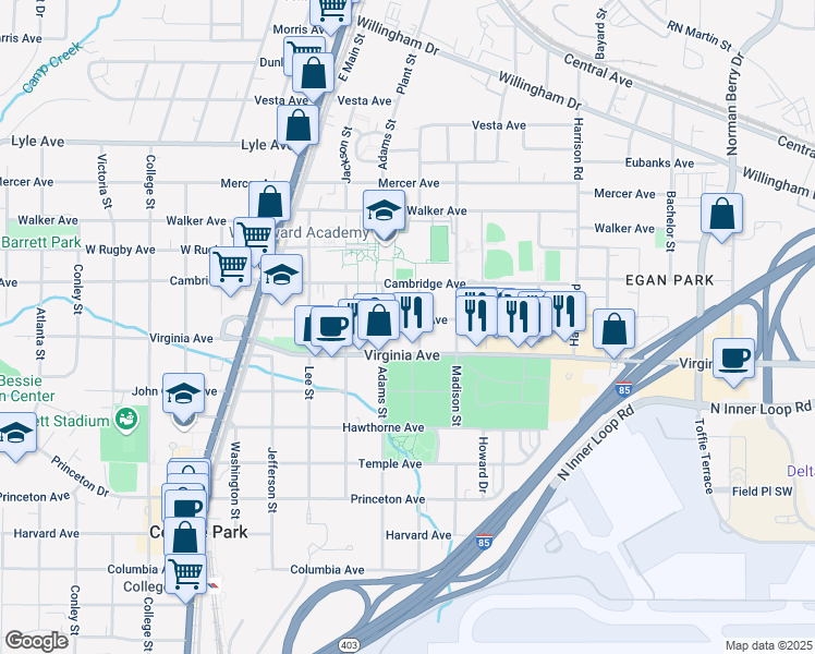 map of restaurants, bars, coffee shops, grocery stores, and more near 1594 Hardin Avenue in College Park