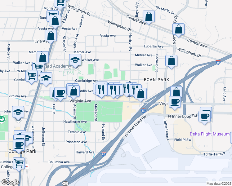 map of restaurants, bars, coffee shops, grocery stores, and more near 1448 Hardin Avenue in College Park