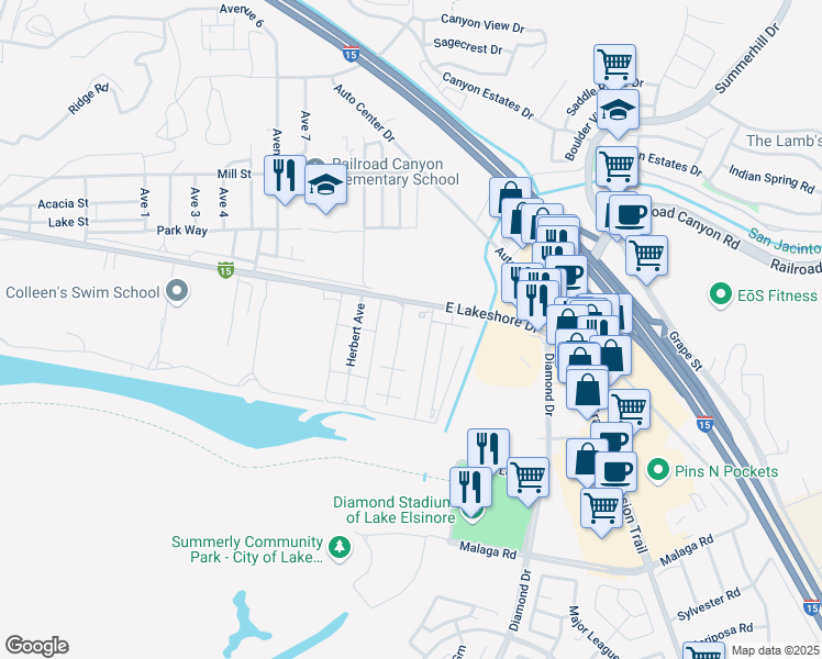 map of restaurants, bars, coffee shops, grocery stores, and more near Unnamed Road in Lake Elsinore