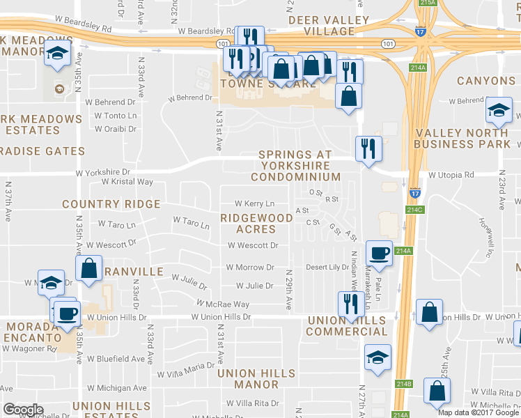 map of restaurants, bars, coffee shops, grocery stores, and more near 2943 West Kerry Lane in Phoenix