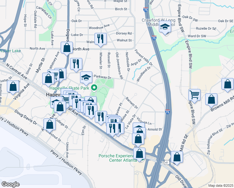 map of restaurants, bars, coffee shops, grocery stores, and more near 63 Central Park Drive in Hapeville