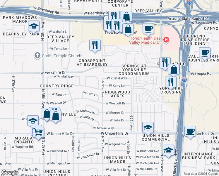 map of restaurants, bars, coffee shops, grocery stores, and more near 3025 West Kerry Lane in Phoenix