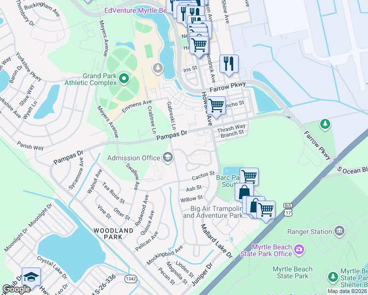 map of restaurants, bars, coffee shops, grocery stores, and more near 3591 Evergreen Way in Myrtle Beach