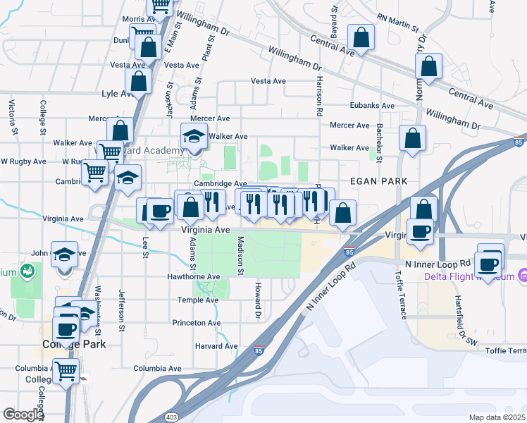 map of restaurants, bars, coffee shops, grocery stores, and more near 1492 Hardin Avenue in College Park