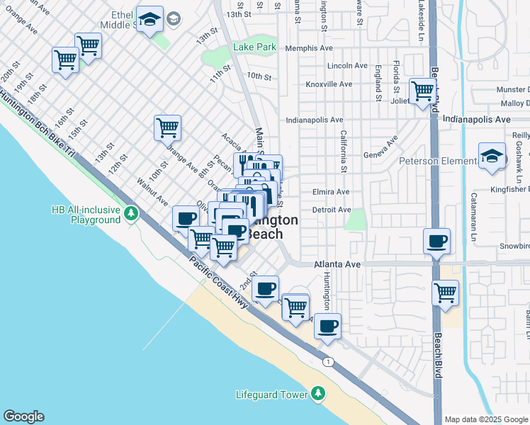 map of restaurants, bars, coffee shops, grocery stores, and more near in Huntington Beach