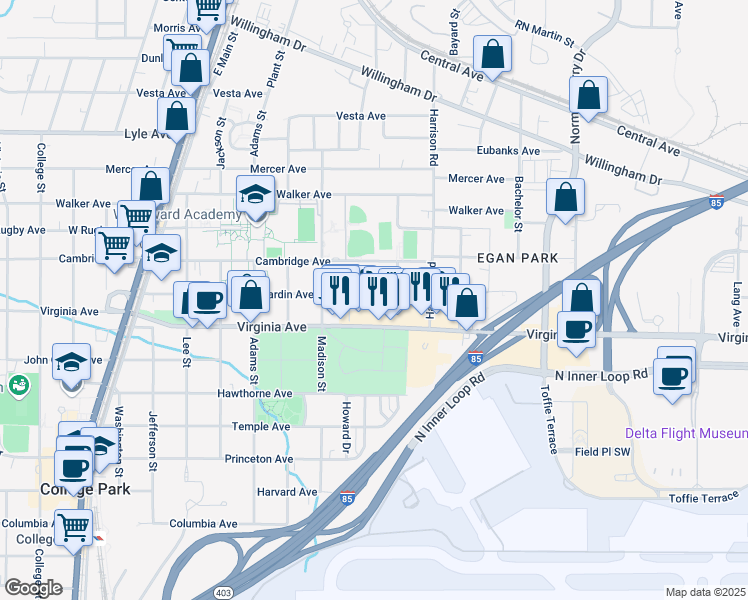 map of restaurants, bars, coffee shops, grocery stores, and more near 1466 Hardin Avenue in Atlanta